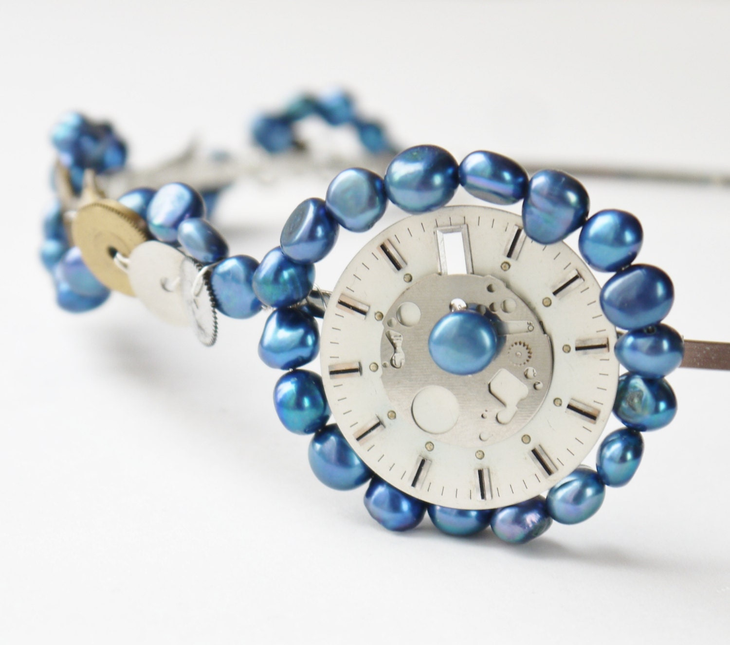 steampunk wedding tiara OOAK  - vintage watch parts blue freshwater pearl side tiara silver & gold bridal headband alice band