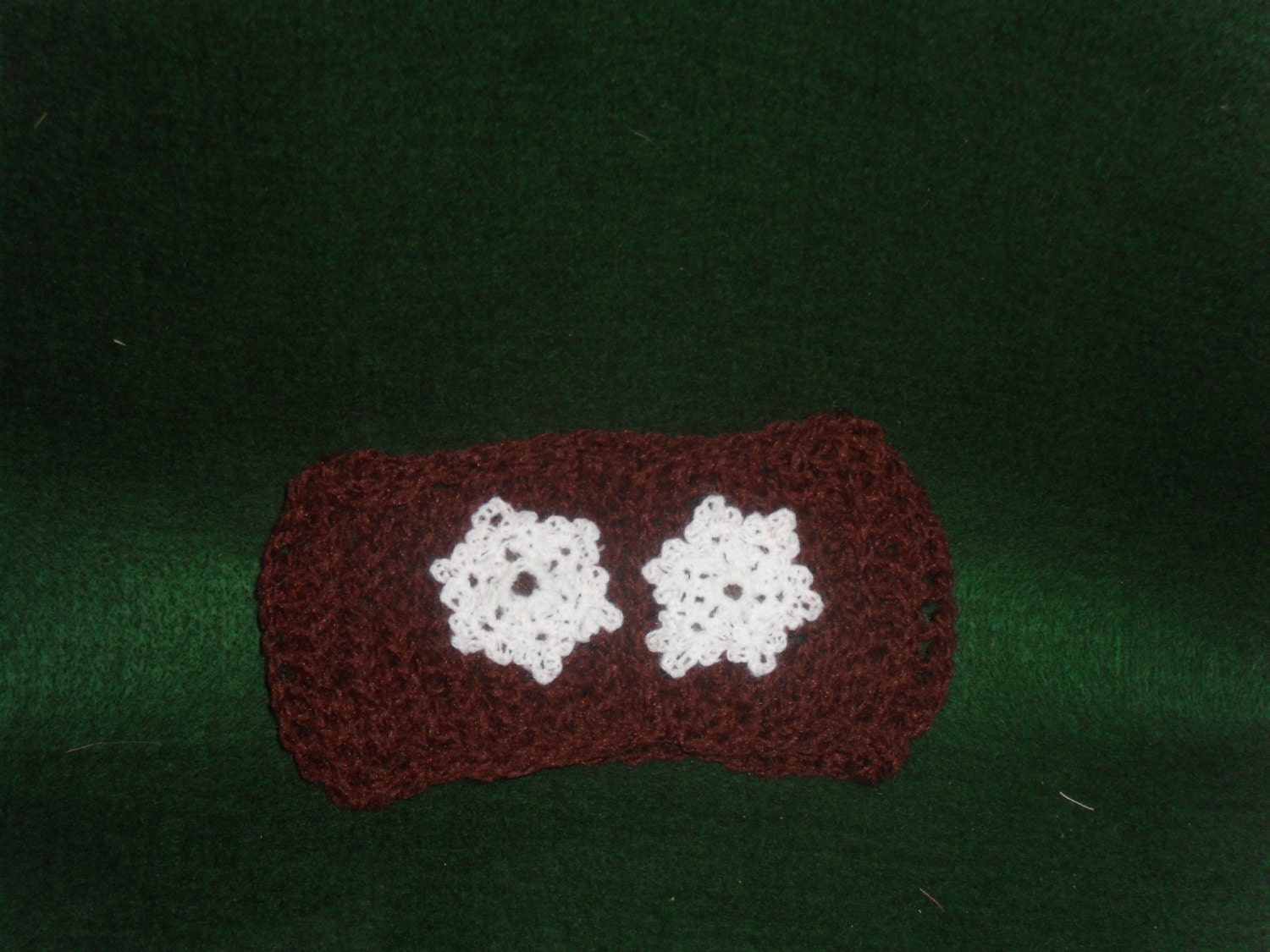 Brown Knit Headband  with 2 Hand Crocheted  Snowflake Accents. Winter Themed Headband. Great Gifts Idea.