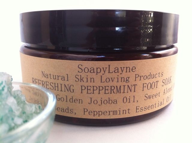 refreshing peppermint foot soak, dead sea salt & exfoliating jojoba beads- 8oz.