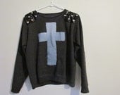 Comfy Denim Cross Studded Shoulder Sweater
