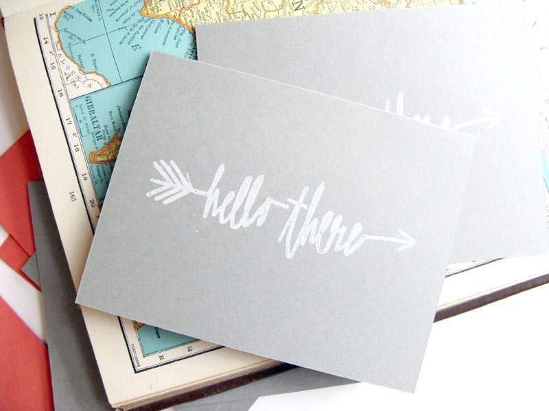 Hello There Arrow Card // Hand drawn Type // Gocco Printed // Coral Pink and Gray
