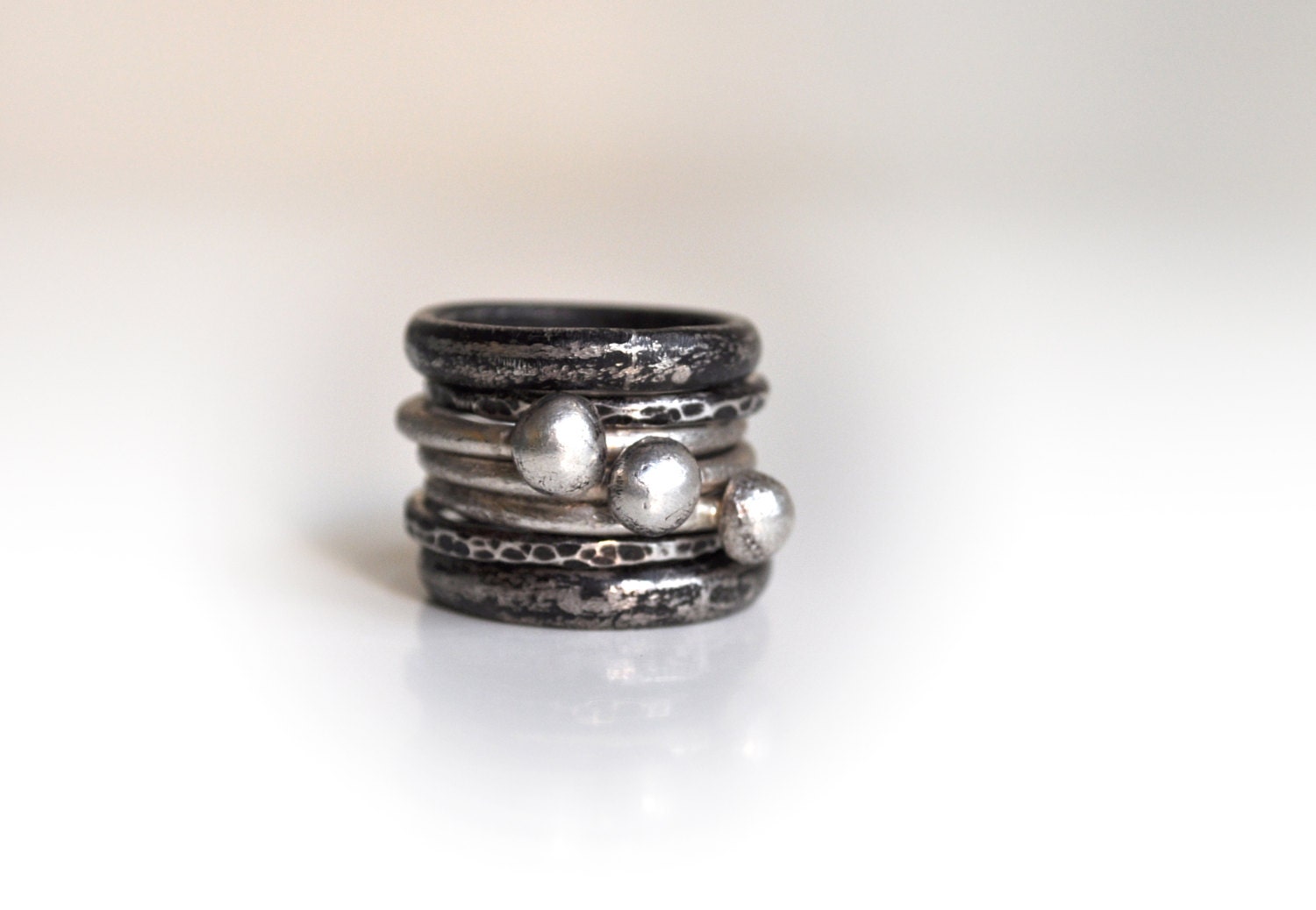 Oxidised Stacking Sterling Silver Rings-Set of 4-Textured-Hammered Stackable Rings-Dark Romantic-Rock Chic-Under 55