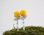 Rose Bobby Pin Set, Hair Accessories, Yellow, White Metal Rose Stem