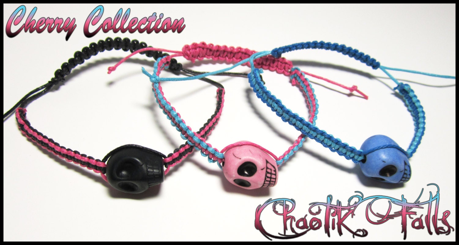 Black, Pink and Blue Skull Bead Bracelets