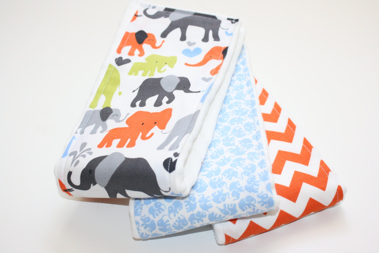 Baby Burp Cloths - Set of 3 - Elephant Walk in Sky, Orange Chevron, and Little Elephants in Sky