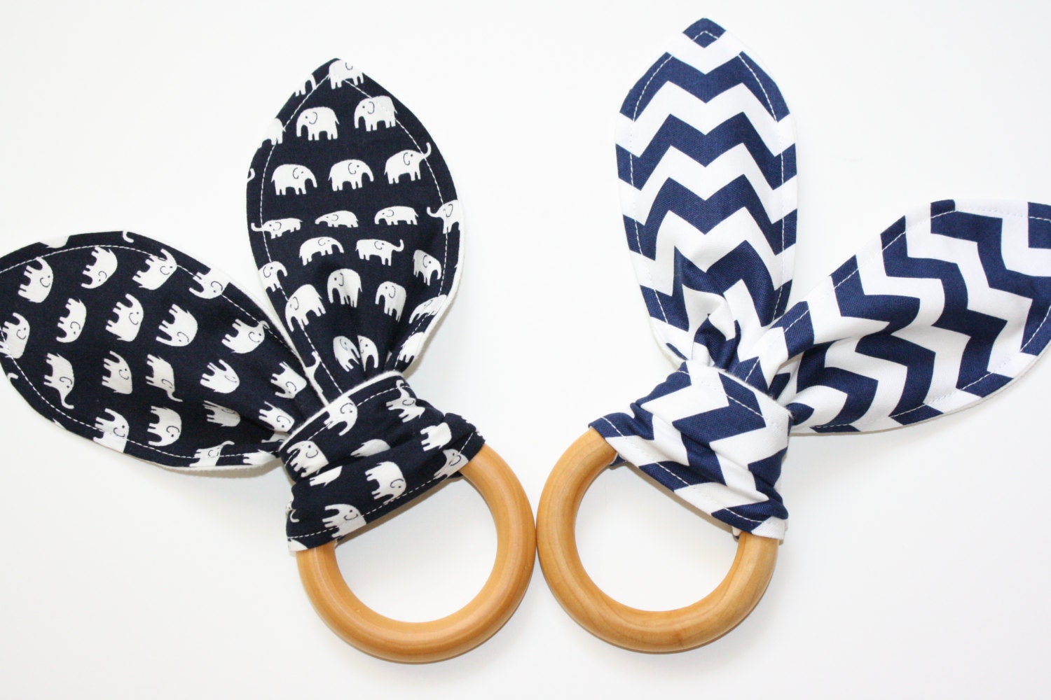 Natural Organic Treated Wooden Teething Ring - Set of 2 - Daiwabo Elephants and Navy Chevron with Organic Flannel - Over 100 Fabric Choices