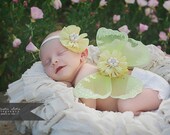 Newborn butterfly wings baby girls yellow set headband included fabric flowers pearl centers ready to ship