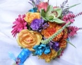 Custom Wedding Bouquet.Handtied with jewels.Coral Purple Malibu / Turquoise Caribbean Blue Orange Pink Yellow