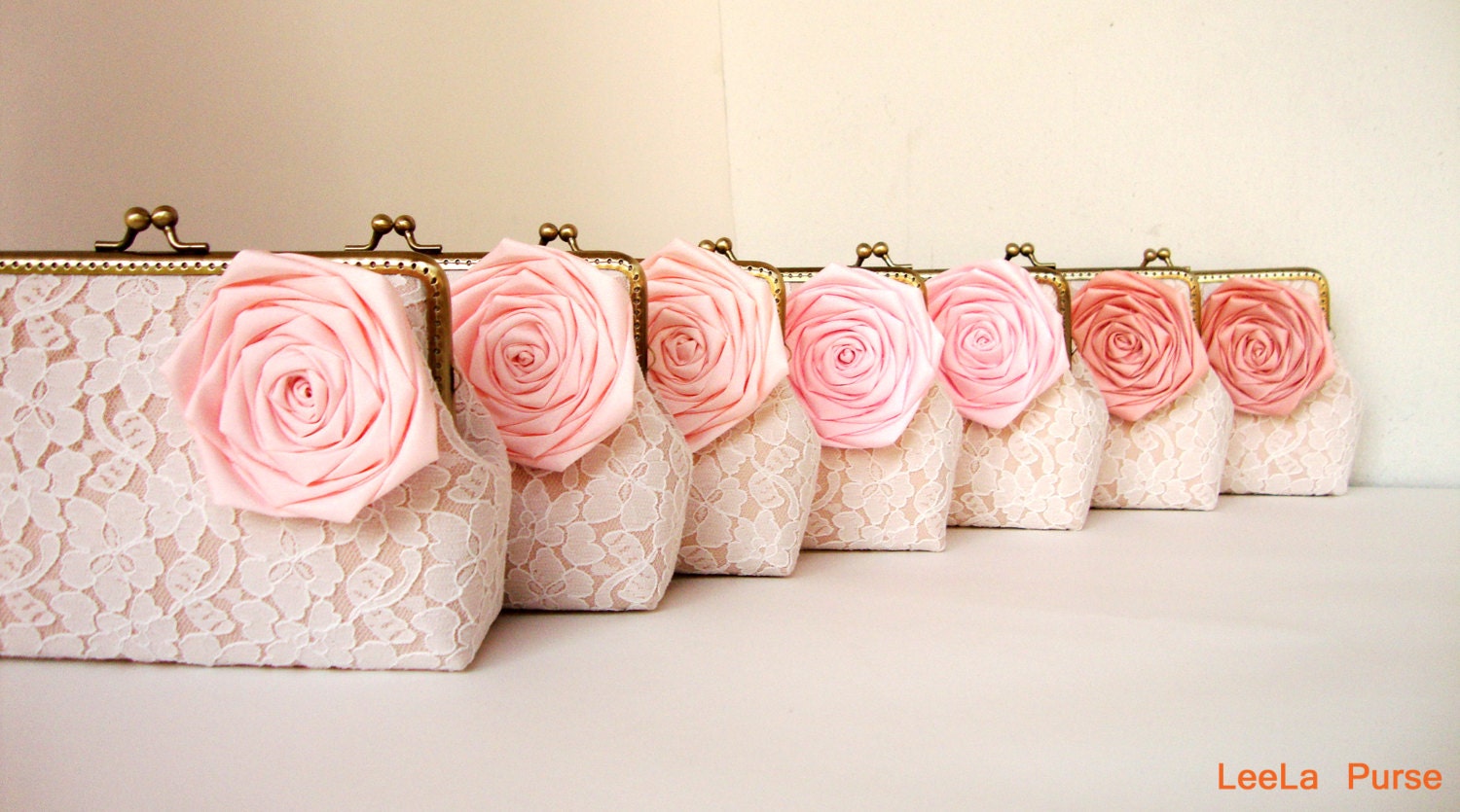 7 Lace Clutches with Silk Roses -  Wedding Clutches - Bridesmaid Clutch - Bridal Party - You Choose The Color Flower and Lining
