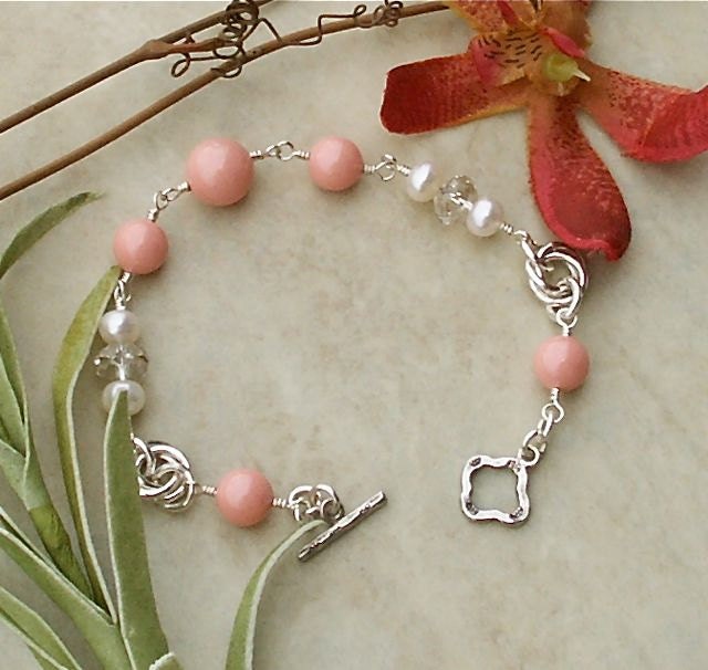 Handmade Coral colored Swarovski Pearl Freshwater Pearl Swarovski Crystal Bracelet
