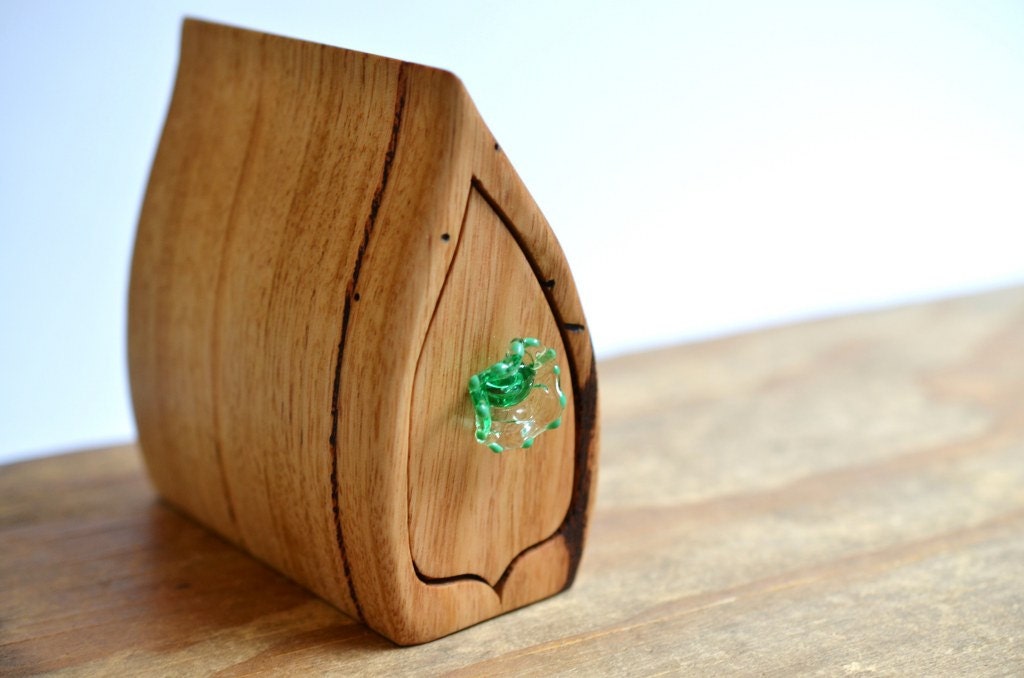 Leaf box bandsaw wooden box ethereal handmade green glass drawer knob reclaimed timber
