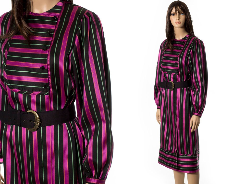Vintage long sleeve dress size large L. Mardi Gras colors striped dress