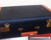 Vintage Black Leather Trimmed Suitcase