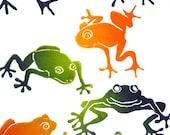 Frogs, green and orange, note card