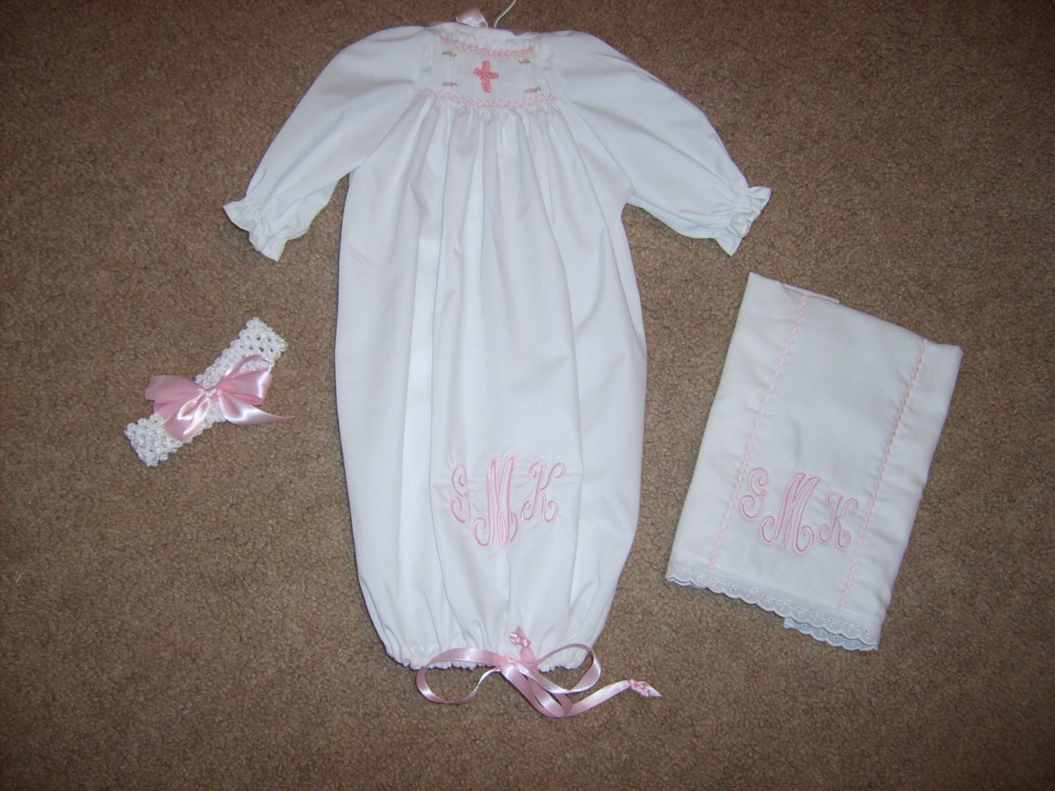 Hand Smocked Infant Gown, burp cloth and headband set.