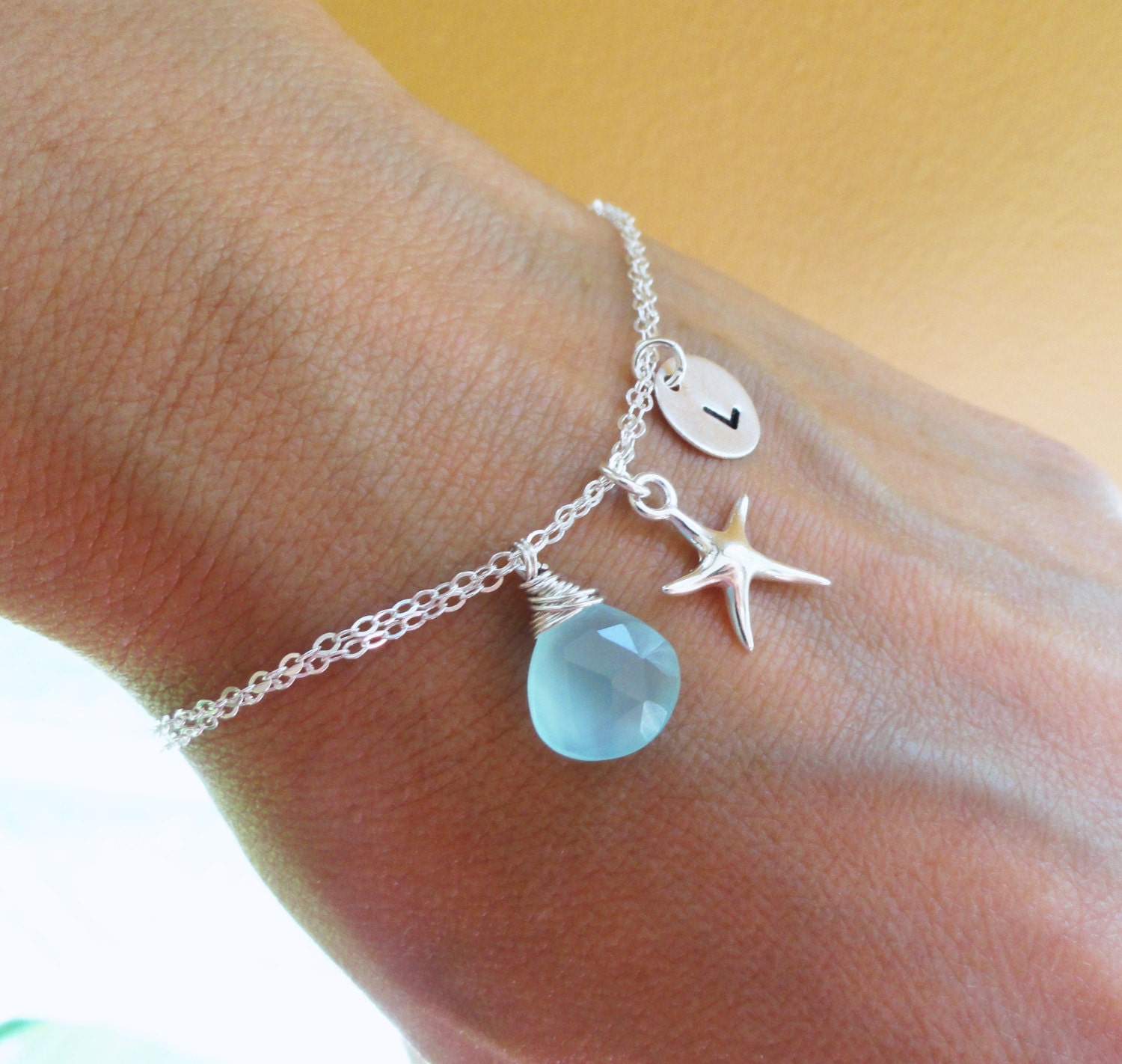 SET OF THREE Starfish charm bracelets with custom stone & initial, Bridesmaid gifts, Destination wedding, bridal jewelry, Starfish bracelet