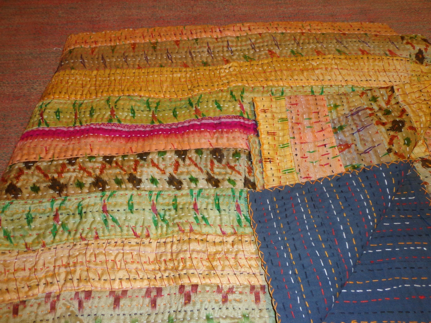 sari silk pattola patchwork quilt throw QUEEN size