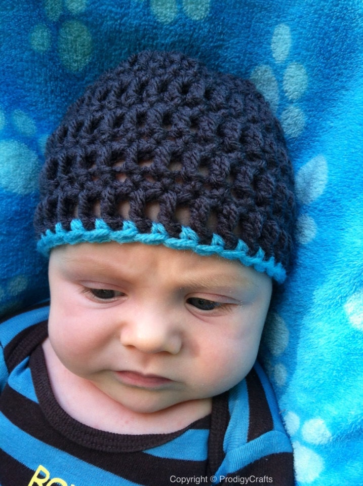 Charcoal grey hat with blue trimming, 0-3 months