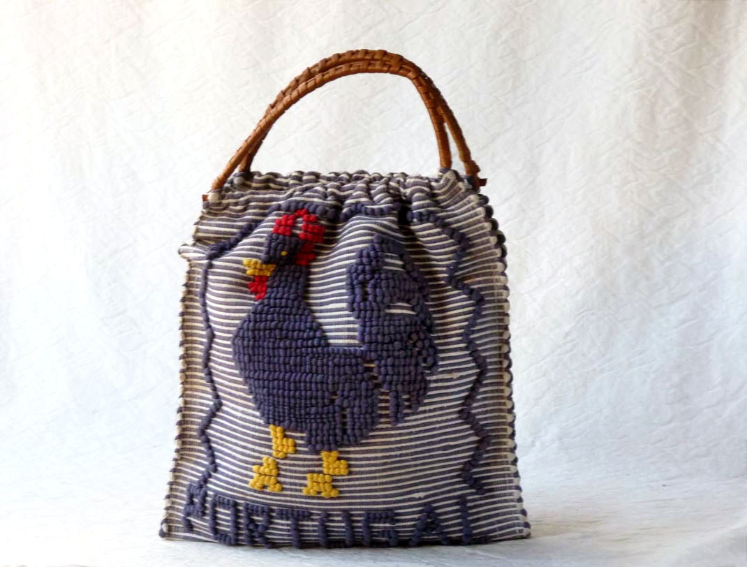 Beach Bag, ribbon embroidery, souvenir market bag from Portugal, woven straw handles