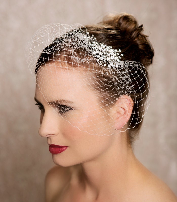 Birdcage Veil Bridal Comb, Crystal Bird Cage Veil, Silver Rhinestone Wedding Veil, Bridal Veil, Rhinestone Fascinator - The Felina Veil
