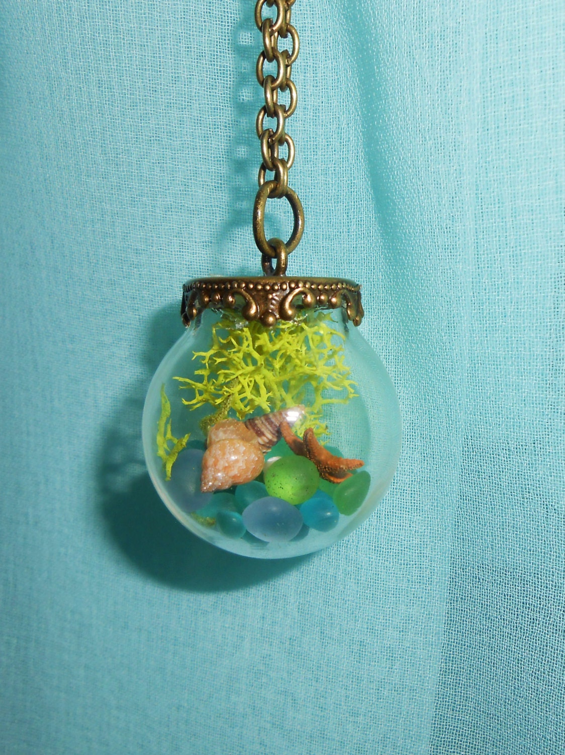 Sea Glass Terrarium Orb Pendant Filled with Green, Blue & Seafoam Sea Glass, a Tiny Little Starfish, Seashells and Moss