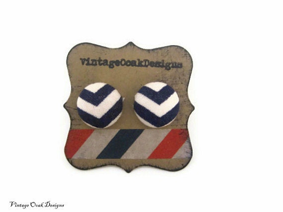 Navy Chevron Studs, Chevron fabric button earrings, navy & white Chevron studs, nautical studs , summer fashion