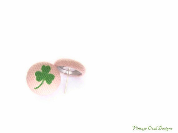 St. Patrick's Day Earrings, Four-Leaf Clover Earrings, Shamrock Earrings, Green & Pink Button Earrings