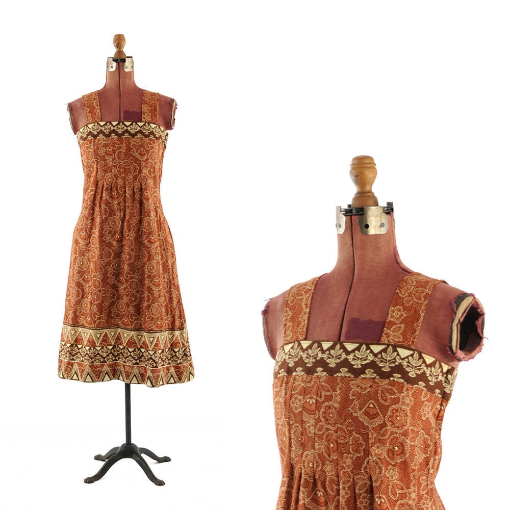 Vintage 1970's Rustic Natural Ethnic Bohemian Mini Summer Shift Dress S