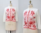 1960s cardigan / Pink & Red Florals / Red and Pink / L XL