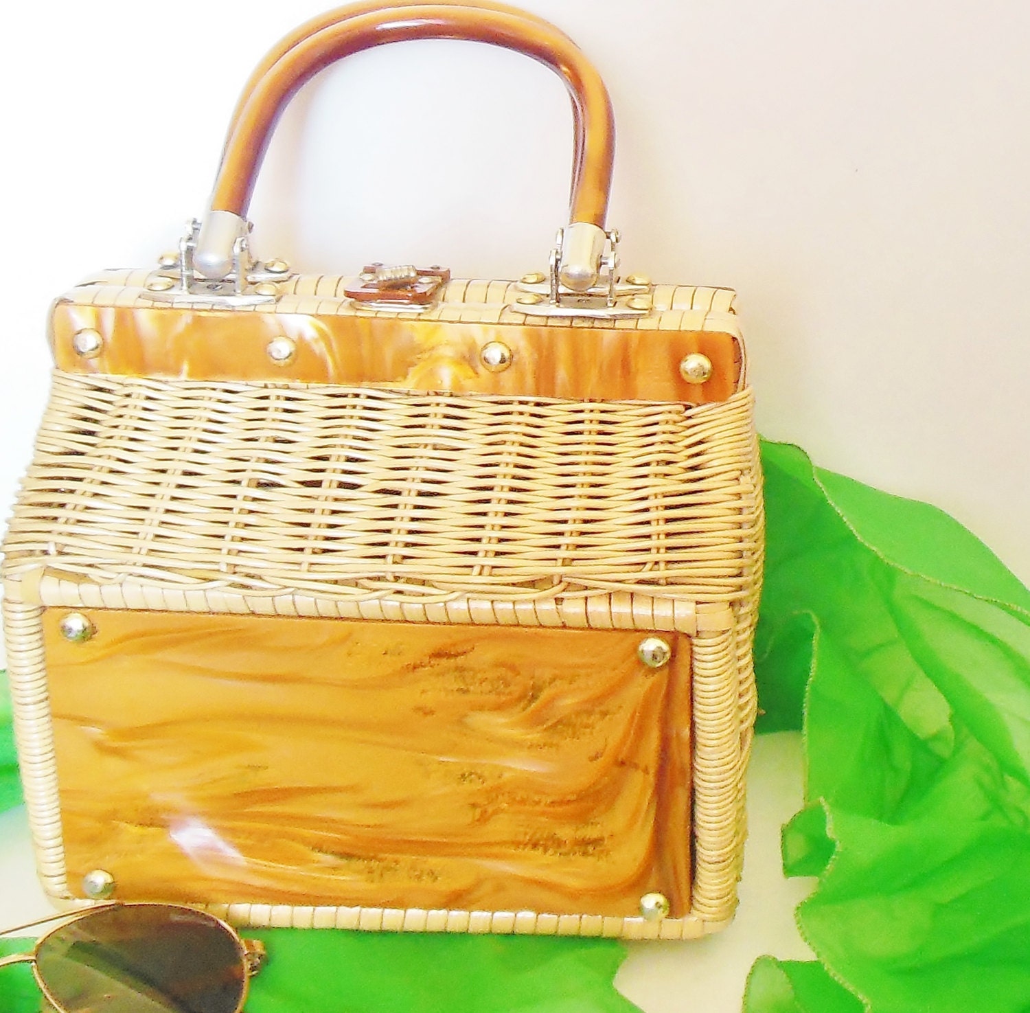 Vintage Wicker Purse Caramel Lucite Hong Kong