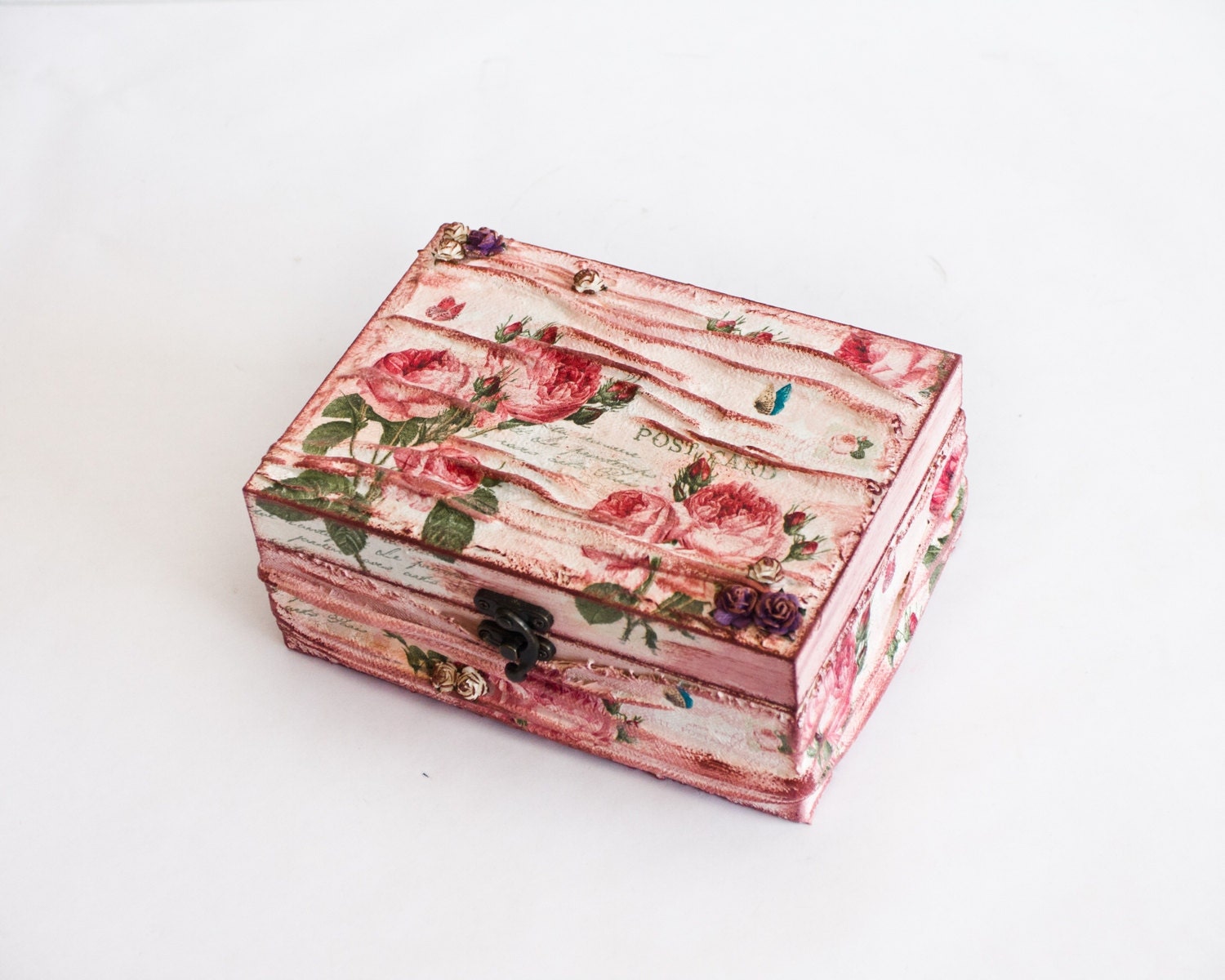 Roses Tea Box, White and Pink Cottage Chic Wooden box, Romantic Rose Flowers and butterfly Whimsical Home decor ohtteam