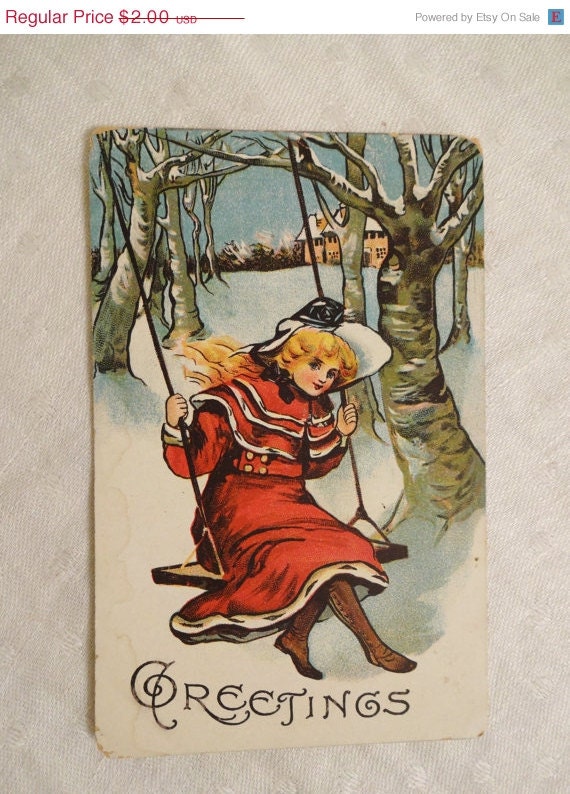 May Days Sale Antique Postcard Greetings Girl in a Swing