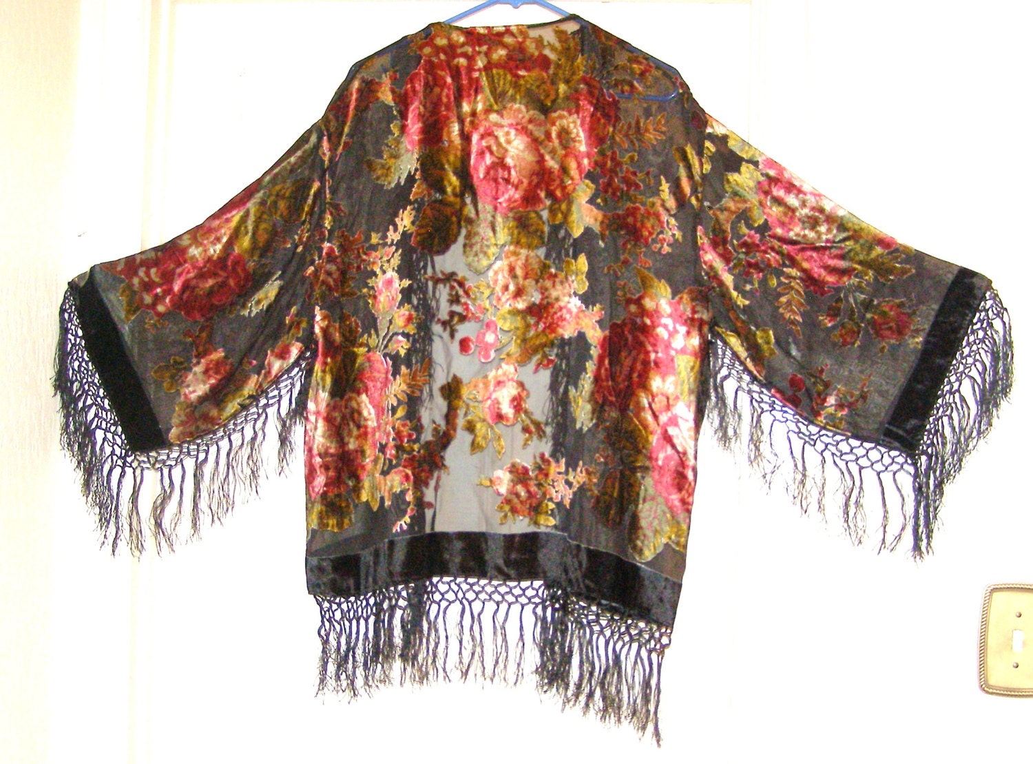 Vintage Black sheer and multi color big english roses  silk fringed boho burnout velvet deco floral kimono