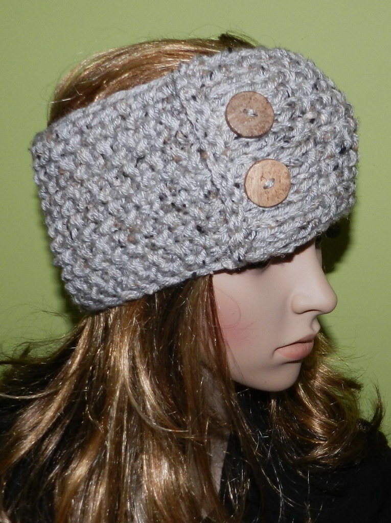 Hand Knitted Chunky Headwarmer, Chunky Headband, Headwrap with Two  Eco Buttons on the side in Grey Marble