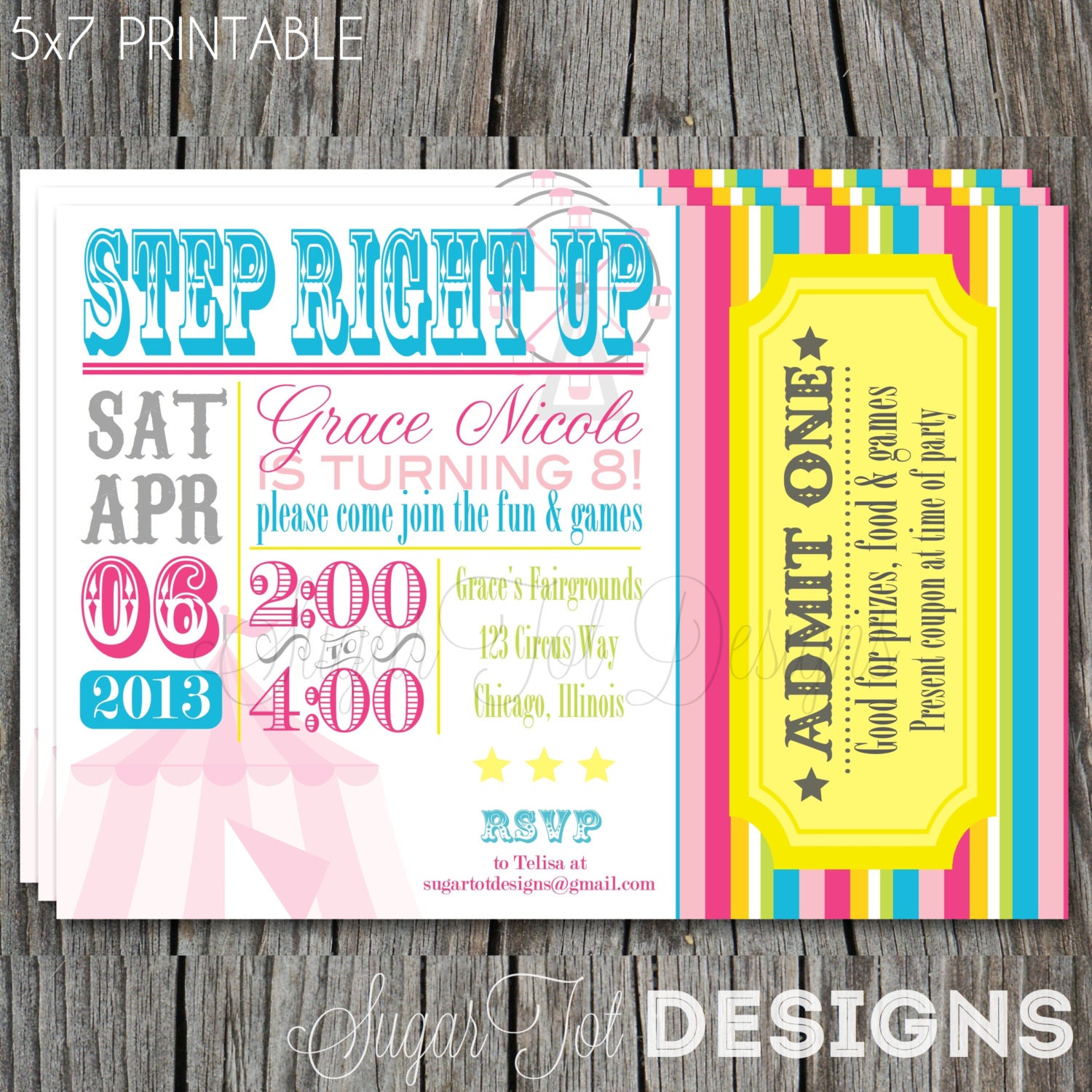 Carnival, Circus Birthday Party Invitation, Vintage Carnival Theme Party Invite, Pink and Turquoise - 5x7 PRINTABLE