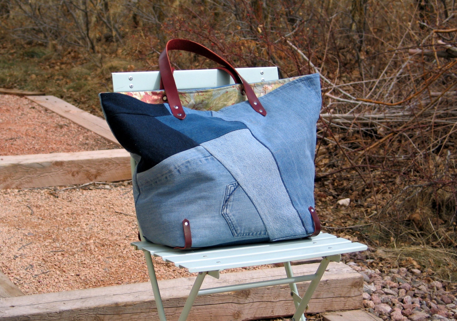 Eco-friendly Recycled Denim and Leather Tote- Recycled Denim Bag- Repurposed Denim Bag