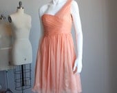 Crinkle chiffon party dress, peach pink bridesmaid dress, one shoulder formal dress wedding dress (B012)