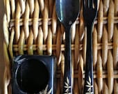 Japanese Fuji ware - Black makie lacquer with handpainted bamboo design serving set - Mid century
