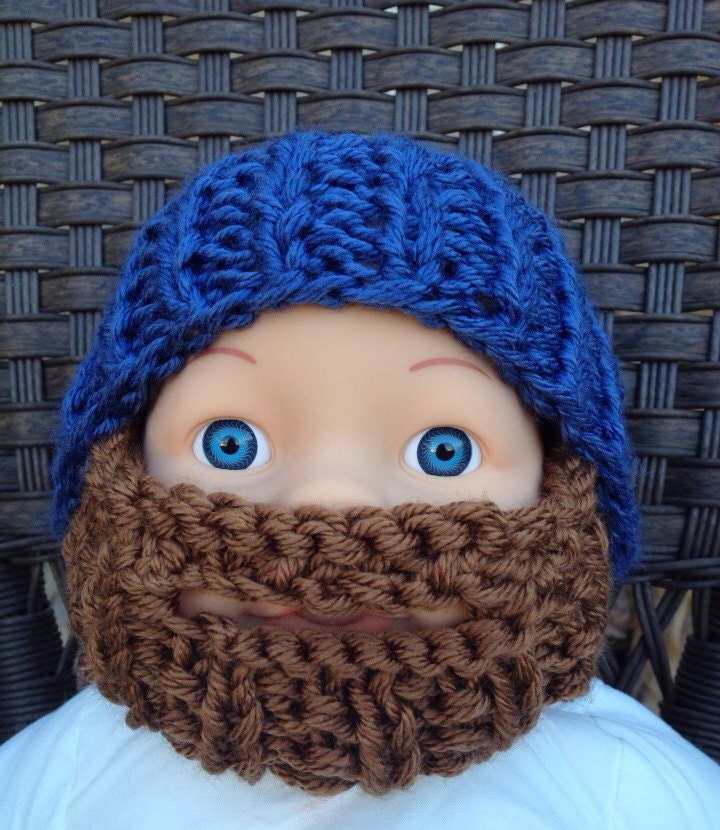 SALE Baby Bearded Beanie - Windsor Blue Hat W/ Medium Brown Beard 5-12 Months Beard face mask 