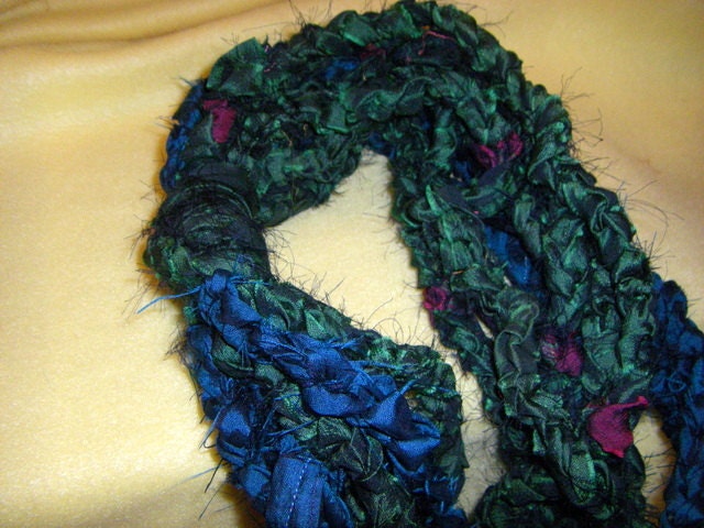 Recycled Sari Silk Infinity Scarf Necklace deep sea