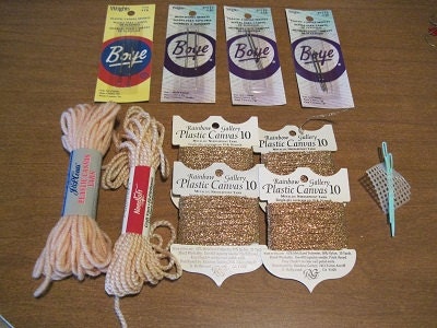 Lot of Plastic Canvas Needles Yarn and Gold String