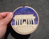 Mini Hoop, "Lincoln Memorial with Purple Night Glow Sky," recycled fabric art, mounted in 4 inch embroidery hoop, OOAK, ready to hang