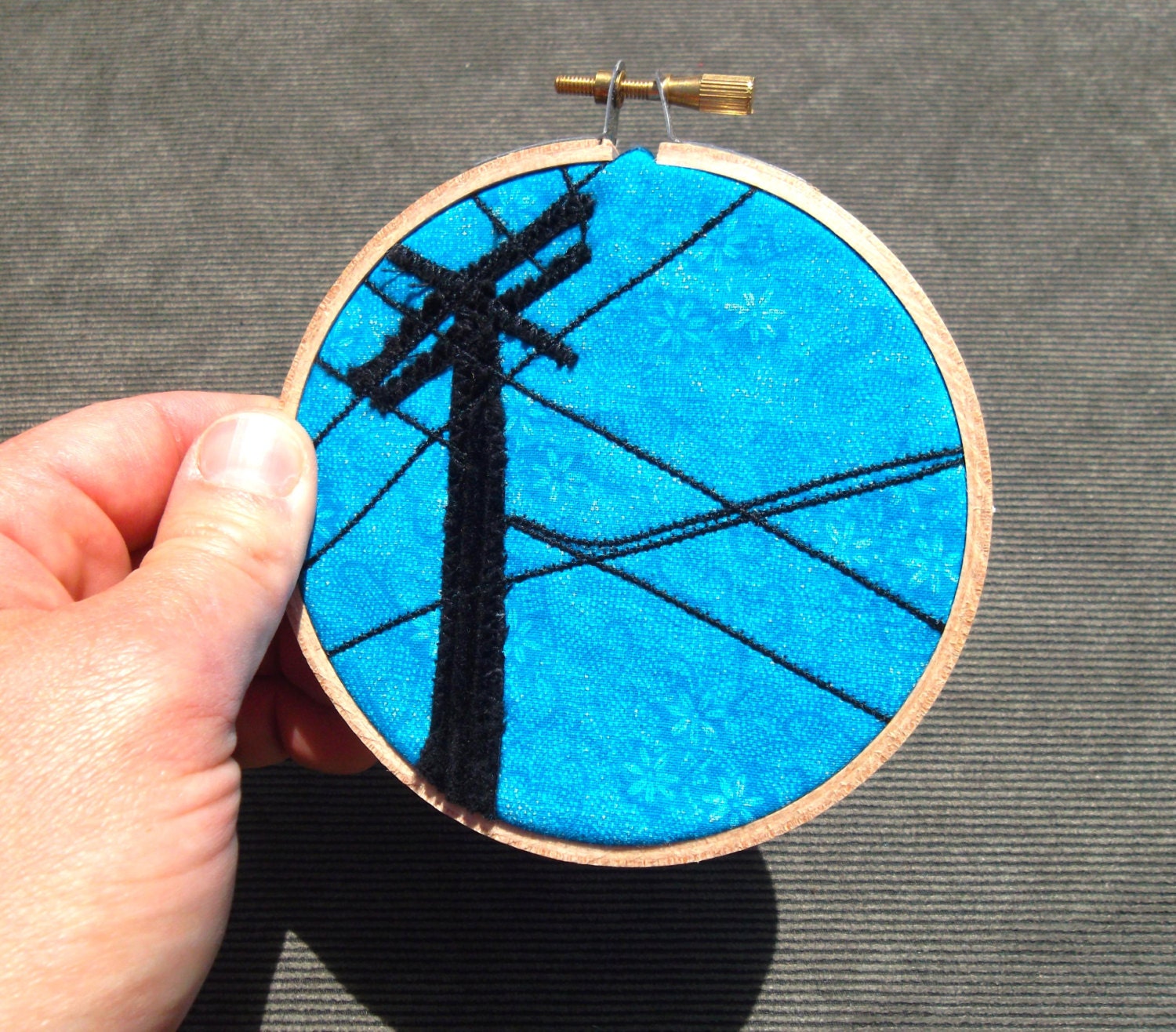 Mini Hoop, "Telephone Pole with Turquoise Sea Swirl Sky," OOAK, recycled fabric art, mounted in 4 inch hoop, ready to hang