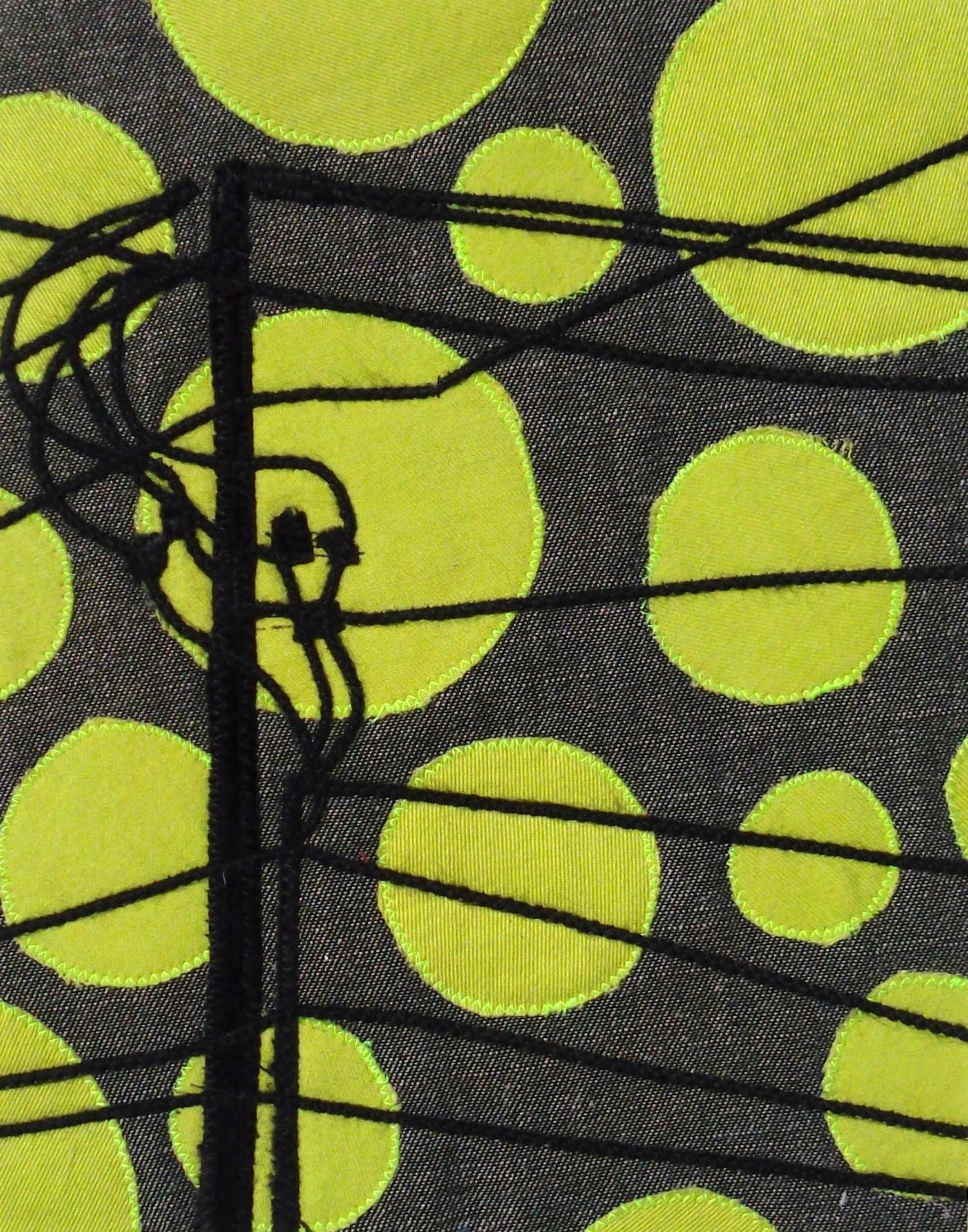 Fabric Art, "Atomic Potatoes," 8x10 inches, telephone pole art, recycled fabric artwork, OOAK, matted in white matboard