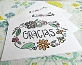 Set of Four Folded Gracias Note Cards, Thank You, Hand Drawn, Stationery