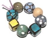 8 x Handmade Ceramic Stoneware Beads Set Blue Yellow Turquoise Green