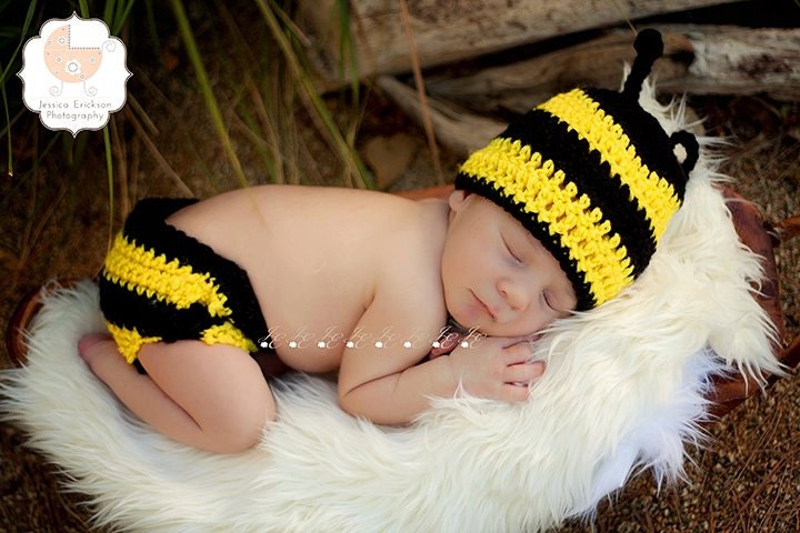 Baby Girl or Boy Newborn Bumblebee Hat and Diaper Cover Set Photography Prop Animal Halloween Costume - Treasured Little Creations