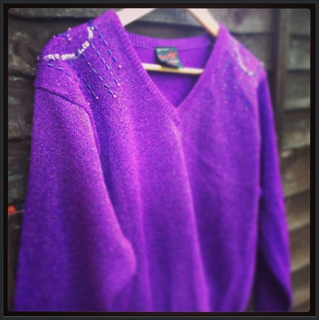 Vintage purple embellished sequinned batwing lurex knitted jumper