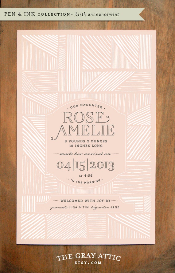 Birth Announcement - A9 size (Pen & Ink - No. 1) - Set of 25 - Modern, Contemporary