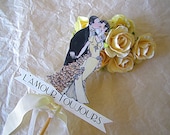Vintage Bride and Groom Wedding Cake Topper - Small Size - Vintage Inspired -Silver Glitter Detail